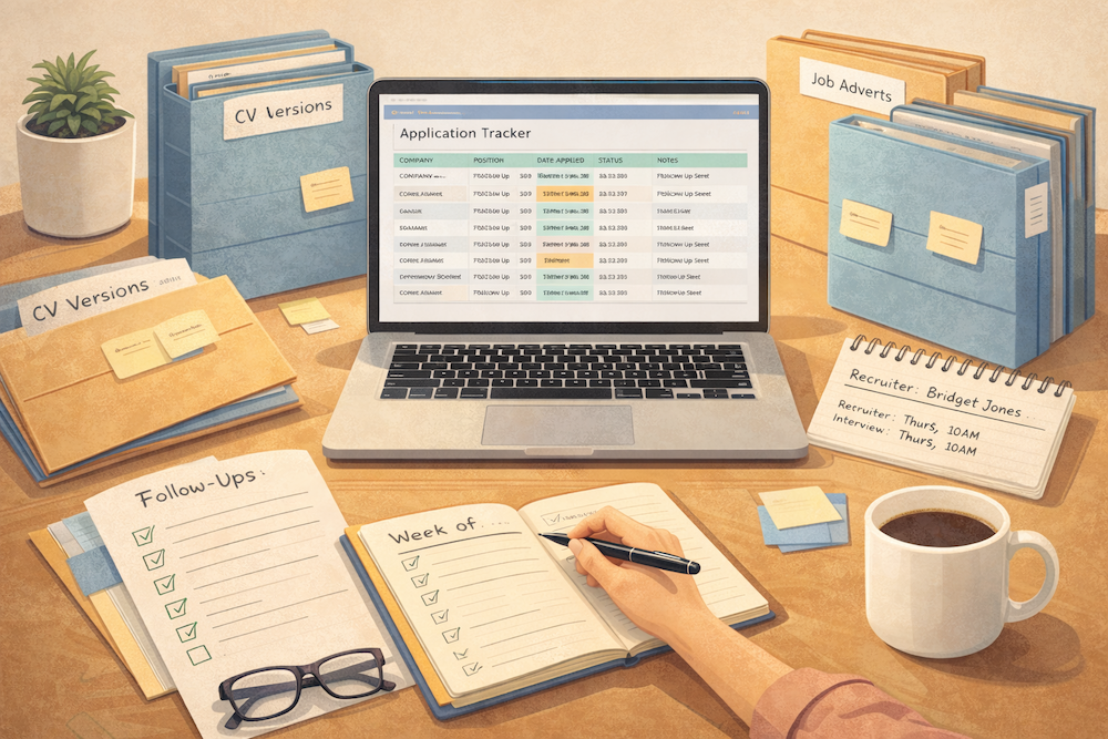 Job application tracking system with CV version control and follow-up notes