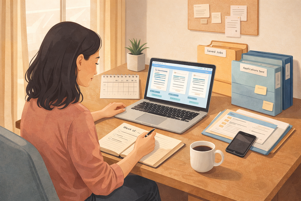 Job search organisation with a weekly application planning system