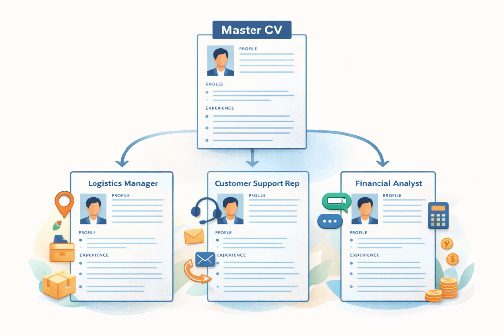 Master CV adapted into tailored CV versions for different job applications